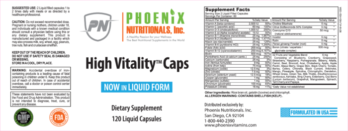 High Vitality Capsules Facts Box, High Vitality Capsules is Our Full Spectrum Concept in convenient capsule form, Providing High Energy, Antioxidants, 17 Vitamins, Minerals, Anti-aging - 100 + Nutrients in One Capsule.