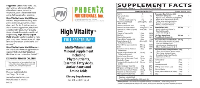 High Vitality Liquid Multivitamin, The Ultimate in Full Spectrum Nutrition High Vitality Natural Liquid & Vitamin Mineral Supplement, High Energy, Anti-Aging Formula, Mixed Fruit Flavor, Gluten Free, Sugar Free, & Highly Absorbable.